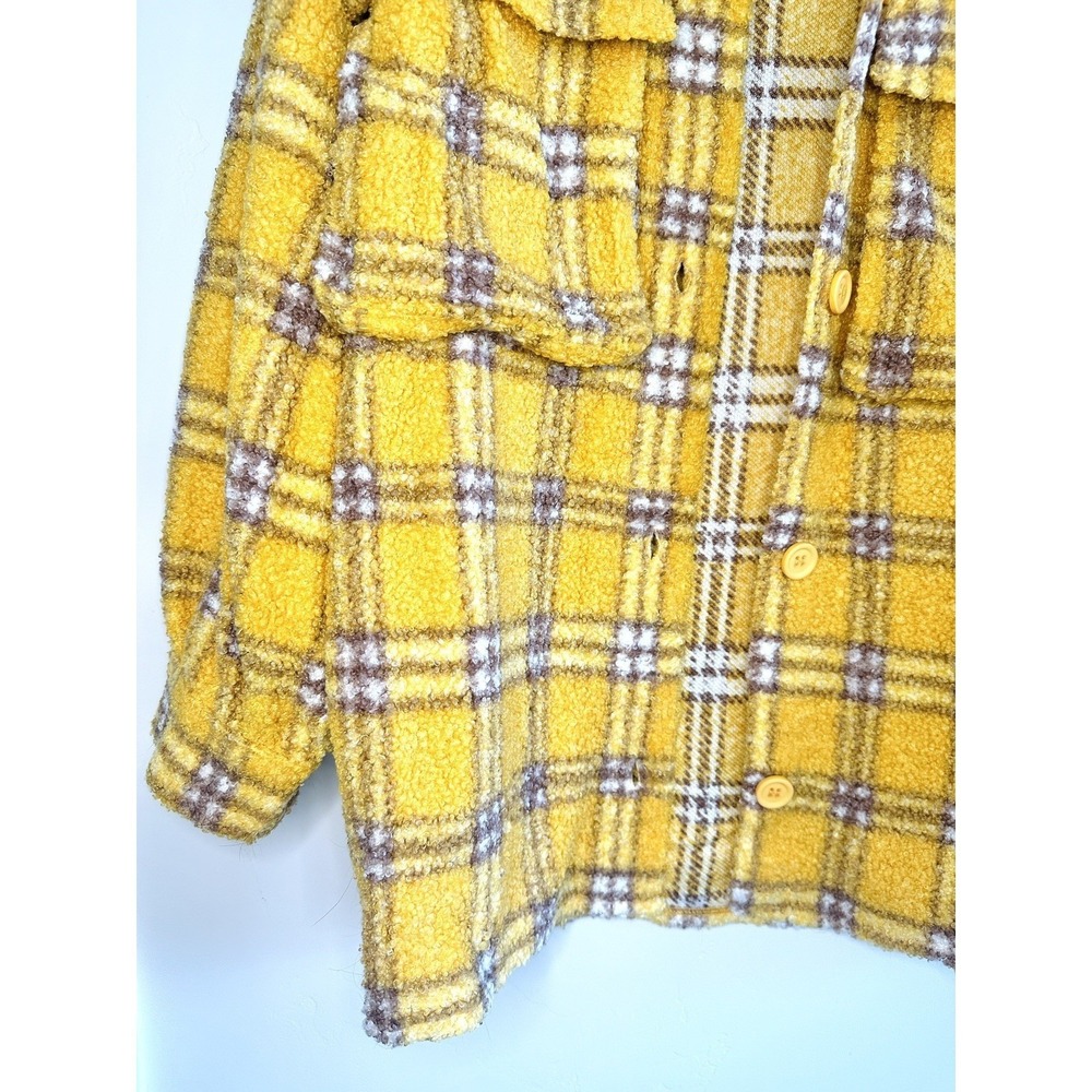 En Crème Women's Small Sherpa Shacket Jacket Plaid Oversized Mustard Streetwear - Picture 7 of 11